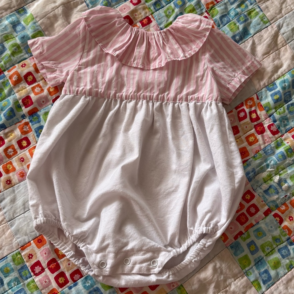 Pink & White Striped Ruffle Collar Baby One-Piece